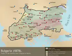 Carte moderne en couleurs montrant une Bulagrie qui s'étend sur l'essentiel de la Macédoine.