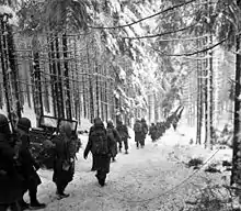 Soldats américains en marche dans la région de Saint-Vith, 24 janvier 1945.