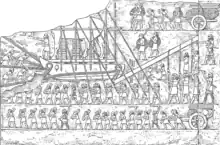 Transport de taureaux androcéphales ailé vers le palais du Ninive, copie d'un bas-relief du palais sud-ouest de la même ville, règne de Sennachérib.