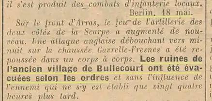 Article de l'armée allemande mentionnant que les ruines de Bullecourt ont été laissées aux mains des Anglais.