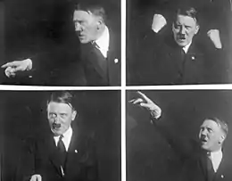 Assemblage de quatre photos noir et blanc de 1930, montrant des poses, de face et de profil, d'Adolf Hitler, typiques de sa gestuelle d'orateur survolté.