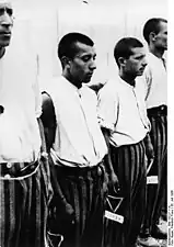 Triangles noirs visibles sur les pantalons des détenus roms à Dachau.