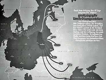 Umsiedlungsaktion : affiche de propagande de 1939 invitant les populations d'origine germanique et vivant en dehors des frontières du Reich à coloniser la région du Gau Wartheland (Bundesarchiv).