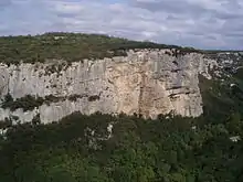 Photographie en couleur, montrant une falaise vue depuis un hélicoptère