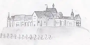 Reconstitution du château de Tecklembourg (tombé en ruine au XVIIIe siècle) d'après une gravure