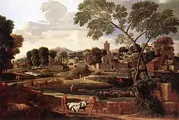 Photographie en couleurs d'un tableau représentant un vaste paysage antique, sur lequel se détachent au centre et au premier plan deux hommes portant le brancard d'un cadavre enroulé dans son linceul.