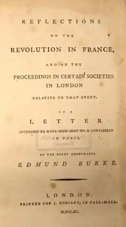 La page se lit "Reflections on the Revolution in France, and on the Proceedings in Certain Societies in London Relative to that Event. In a Letter Intended to have been sent to a Gentleman in Paris. By the Right Honourable Edmund Burke. London: Printed for J. Dodsley, in Pall-Mall. M.DCC.XC."