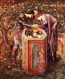 Dans un verger, Persée et Andromède se penchent sur la margelle d'un puits où apparait leur reflet et celui de Méduse que brandit Persée.