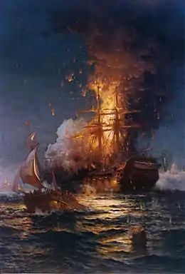 Peinture d'un navire en feu. Il est toujours à flot mais les flammes atteignent le sommet de ses mâts.