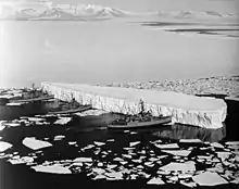 Photo en noir et blanc de trois navires poussant à l'unisson un grand iceberg ovale.