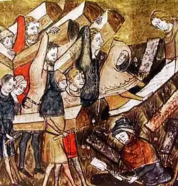 Illustration de la peste dans les Second livre des Chroniques de Gilles Le Muisit (1272-1353). Bibliothèque royale de Belgique.