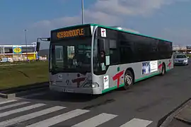 Vue d'un autobus urbain, livrée grise à bandes vertes, marquages verts et rouges.