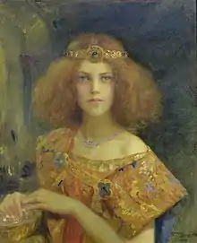 Tableau d'une femme rousse vêtue d'or et de pierreries.