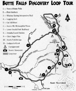 Le circuit, qui ressemble un peu à un « 8 », débute dans la ville de Butte Falls. Il s'étend vers l'est, passe près de l'écloserie Butte Falls, puis oblique vers le nord-est près du mont McLoughlin. Les troisième et quatrième arrêts sont la station d'interprétation des sources Whiskey et l'arche de débardage (Logging Arch). Le circuit longe le site de l'incendie de la colline Cat, puis offre des vues spectaculaires du mont McLoughlin. Il tourne vers le sud-est pour atteindre Lower South Fork Trailhead, puis vers le nord-ouest jusqu'au poste de garde Imnaha. Il fait ensuite une boucle avant de prendre la direction sud-est, passe près du pin à sucre géant et franchit le pont de la South Fork. Il tourne vers le sud-ouest et passe devant le kiosque Lodgepole avant de revenir à Butte Falls.