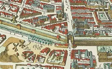 Plan Mérian (1615)La porte Saint-Honoré de l'enceinte Charles V et le marché aux chevaux.