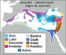 Représentation des langues parlées dans l'Empire romain d'orient après les invasions barbares (germaniques) au Nord.