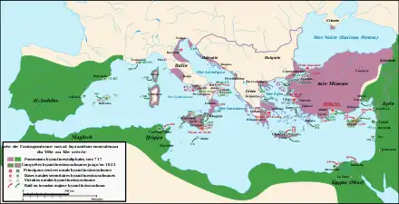 Carte des principales opérations et combats navals opposant les Byzantins et les Arabes entre le VIIe et le XIe siècle