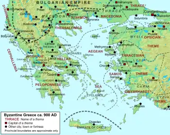 Carte de la Grèce byzantine divisée en thèmes (vers 900)