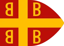 La croix tétragrammatique telle qu'on la voit sur une bannière de l'atlas catalan Conosçimiento de todos los reyos (vers 1350).