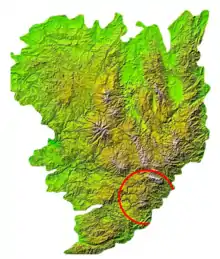 Carte du Massif central, un cercle rouge délimite le site des Causses et Cévennes.