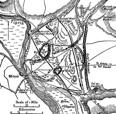 Plan du site de Ninive, avec la localisation des deux tells principaux et du centre de Mossoul, datant de 1903.