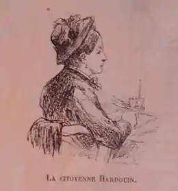 Dessin monochrome représentant une femme assise à une table, avec petit chapeau.