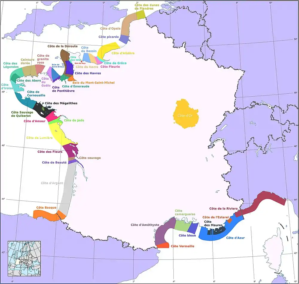 Détail de la carte des côtes de France.