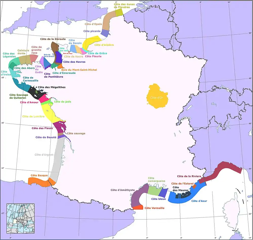 Localisation de la Côte d'Argent le long du littoral aquitain en couleur grise.