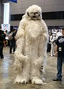 Homme portant un costume à fourrure blanche.