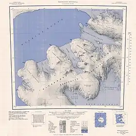 Carte topographique au 1:250,000 de la péninsule Beethoven montrant l'anse Mendelssohn.