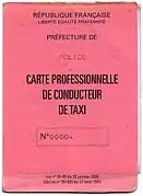 Ancienne carte professionnelle des taxis, toujours en vigueur.