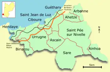 Carte du sud-ouest de la France, montrant en vert le territoire de 12 communes sur fond jaune.