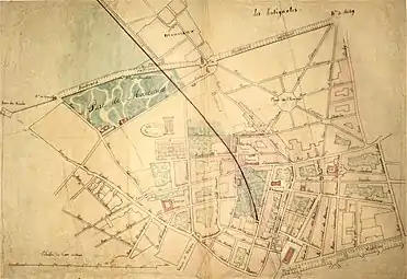 Proposition d'Antoine Rémy Polonceau, du 29 mai 1835, pour l’installation de la gare du chemin de fer de Paris à Versailles-Rive-Droite, en partie rue d’Anjou et en partie sur les emprises du boulevard Malesherbes projeté.