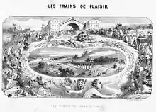 Les trains de plaisir, le touriste en chemin de fer. Gravure du dix-neuvième siècle.