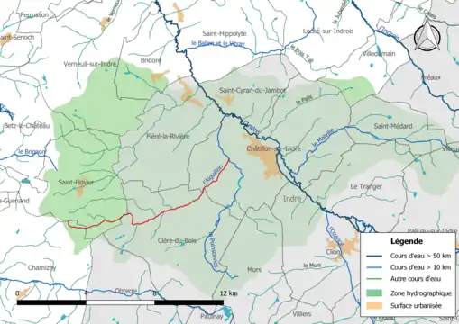 L'Aiguillon (en rouge) et la zone hydrographique dans laquelle il s'insère.