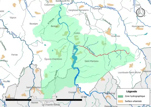 Le Bouzantin (en rouge) et la zone hydrographique dans laquelle il s'insère.