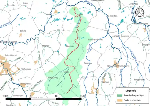 Le Creuzançais (en rouge) et la zone hydrographique dans laquelle il s'insère.