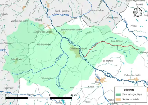 Le Malville (en rouge) et la zone hydrographique dans laquelle il s'insère.