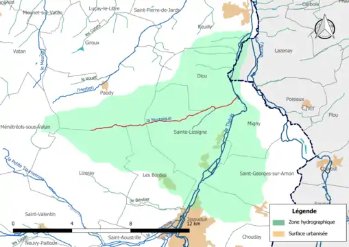 La Mortaigue (en rouge) et la zone hydrographique dans laquelle il s'insère.