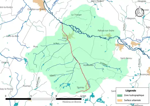 L'Ozance (en rouge) et la zone hydrographique dans laquelle il s'insère.