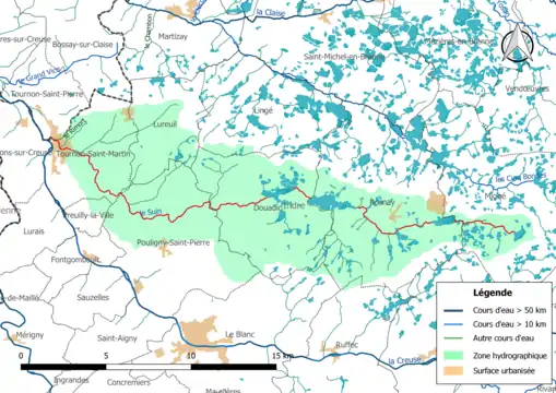 Le Suin (en rouge) et la zone hydrographique dans laquelle il s'insère.