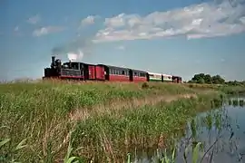 Locomotive 130T Cail 2 et train de voyageurs, digue de Noyelles- Saint-Valery, mollières (2009).