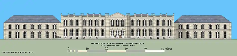 Essai de restitution de l'élévation du château de Crécy, façade du côté jardin.