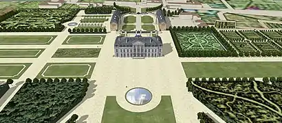 Vue cavalière du château de Roissy du côté du jardin. XVIIIe siècle.