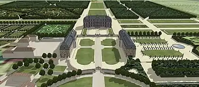 Vue cavalière du château de Roissy depuis l'entrée. XVIIIe siècle.