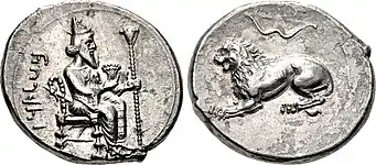 Monnaie frappée à Tarse à l'effigie d'Artaxerxès III en tant que pharaon, 361-334.