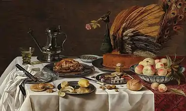 Still Life with a Peacock Pie (toile de 1627) de Pieter Claesz.