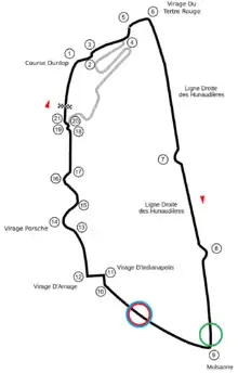 Tracé du circuit du Mans, avec trois cercles pointant les lieux des accidents de Webber et de Dumbreck