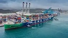 Le porte-conteneur CMA CGM Jacques Saadé à Tanger Med en février 2021.