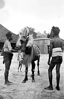 Un poney paré de décorations entouré par deux hommes qui le préparent.